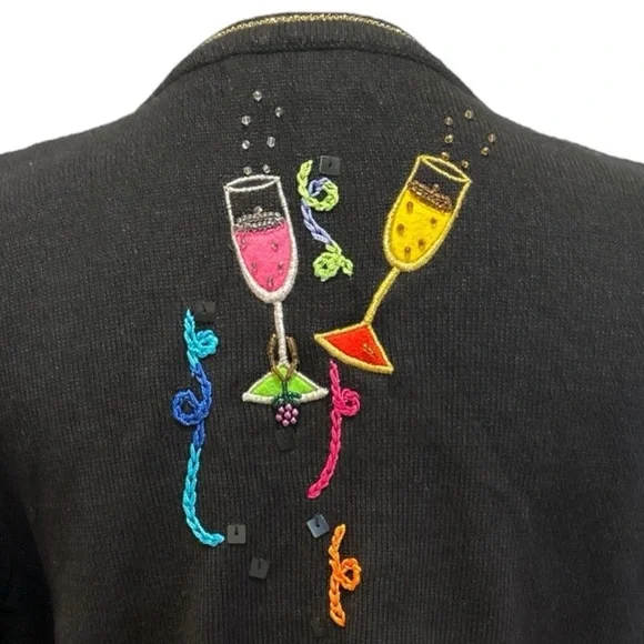 80s BERER 2 BLACK & MULTI-COLOR COCKTAILS HOUR W STREAMERS CARDIGAN SWEATER SZ S - Picture 10 of 12
